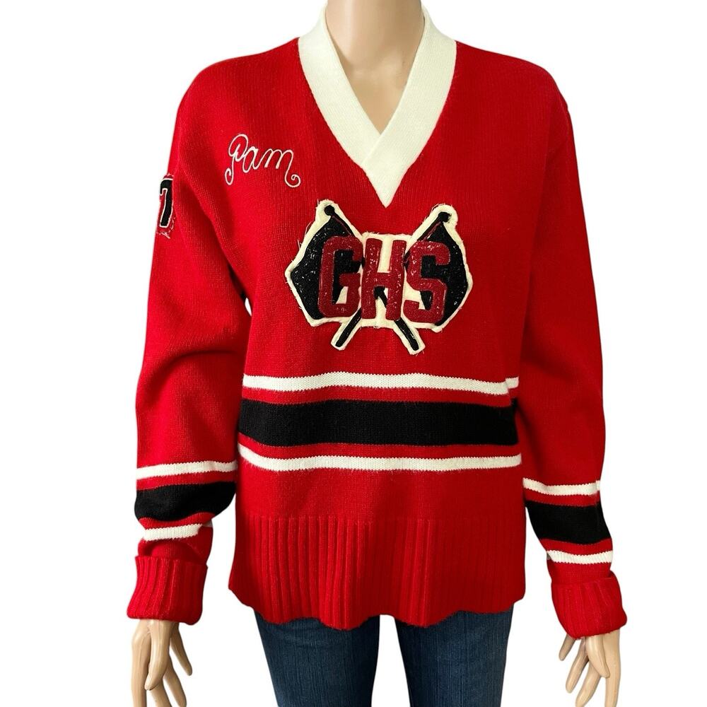 70s VTG Cheerleading Varsity Letterman Sweater Large 40 Chest Red Striped Retro